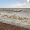 Waves crashing onto Shoreham Beach in Sussex.
